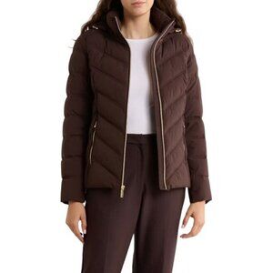 Michael Kors Womens Brown Zip Up Quilted Puffer Water Resistant Jacket Sz XL New